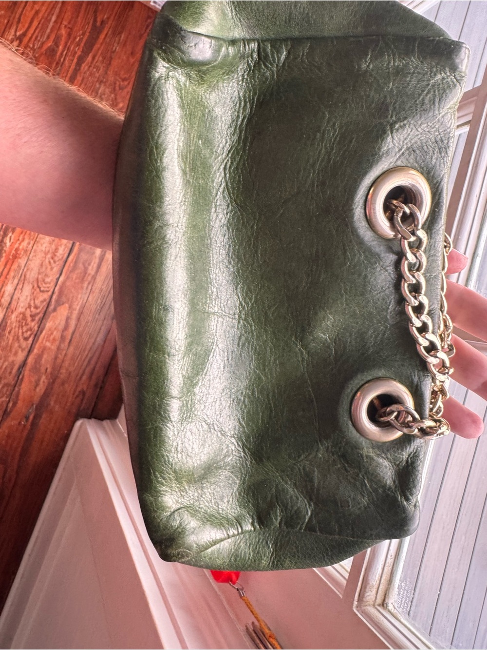 Furla Dark Green Leather Crossbody with Gold Chain - Picture 2 of 10